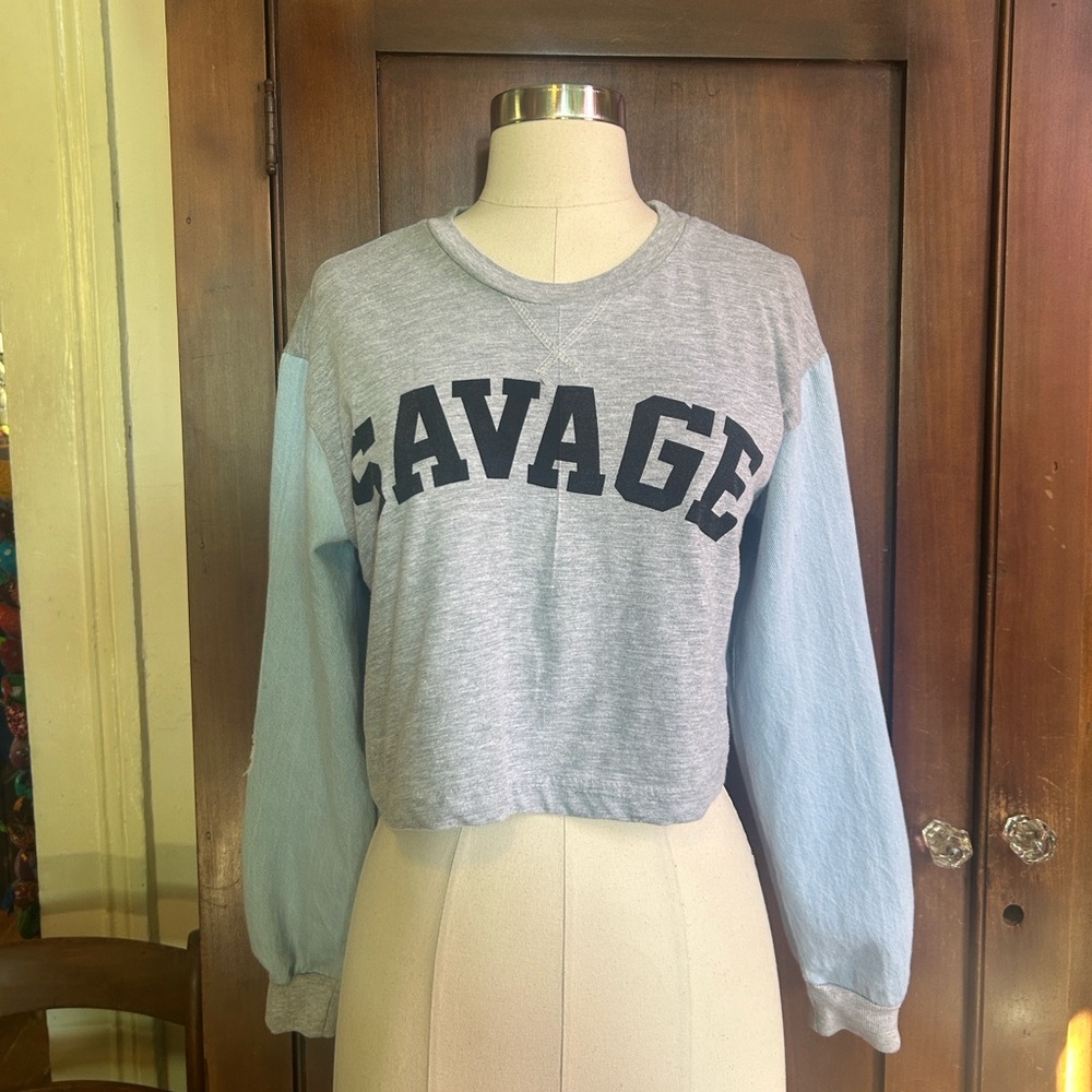 Distressed and Strung Out Knit/Denim Crop L